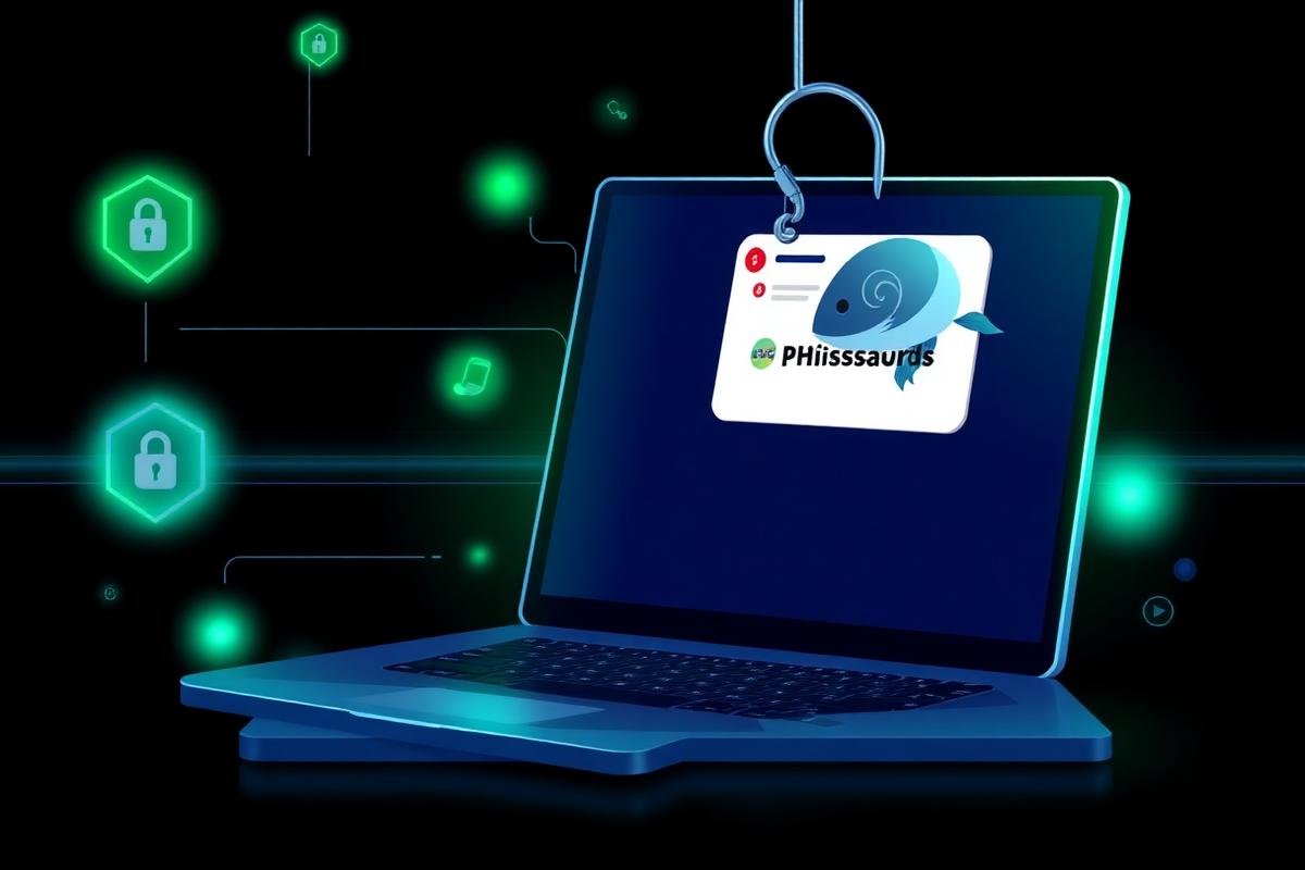 A phishing email being pulled from a laptop screen by a fish hook