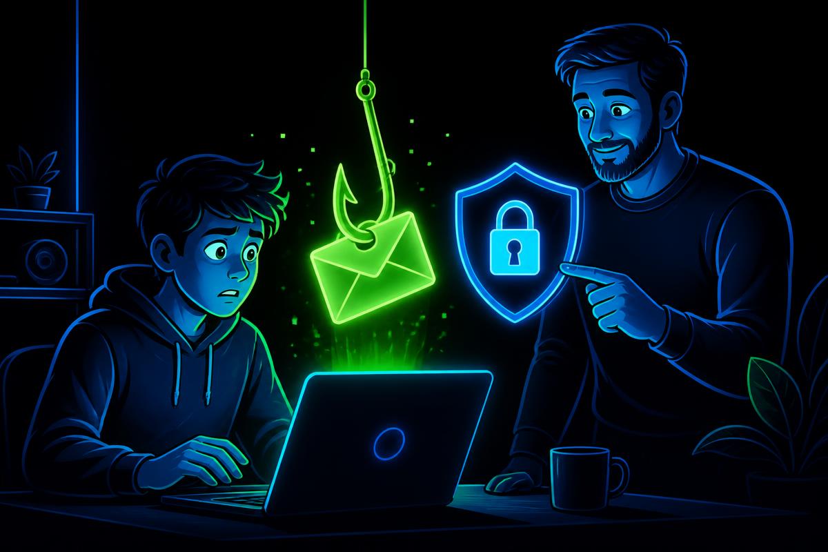 Illustration of a teen receiving a suspicious message while an adult points to a security shield