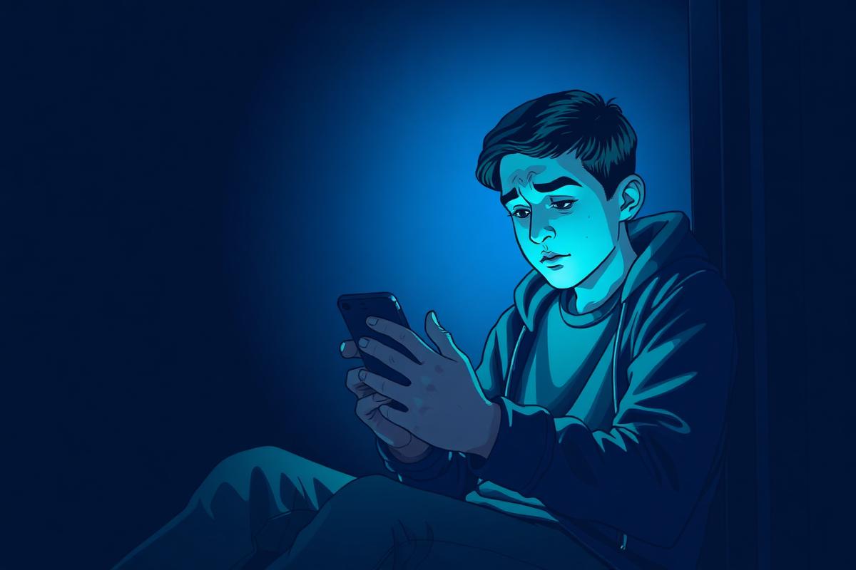 A teenager looking worried at their phone late at night